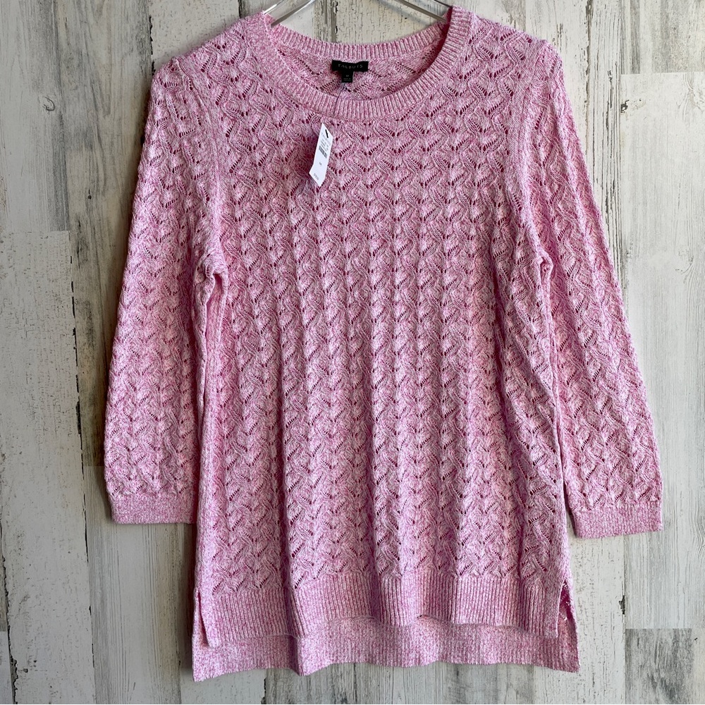 NWT $79 Talbots sweater Size M pink white weave long sleeve crewneck cotton …